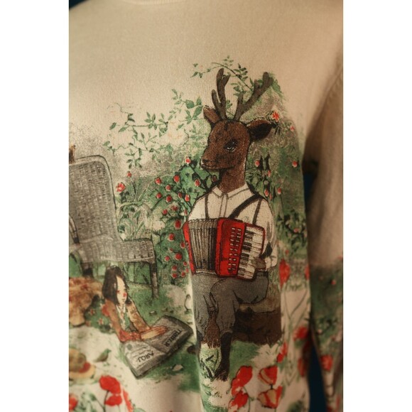 Womens Crewneck Cream Cozy Sweater Whimsical Folk Woodland Deer Cottagecore M - Picture 7 of 13